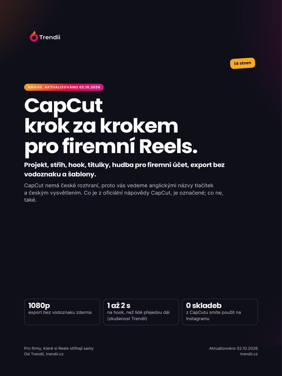 Obálka návodu CapCut krok za krokem pro firemní Reels od Trendii