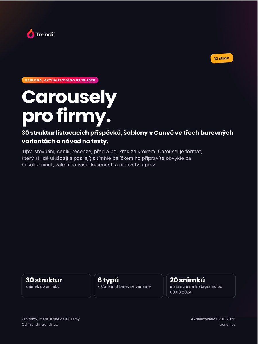Obálka průvodce Carousely pro firmy: 30 struktur a 6 designů v Canvě od Trendii